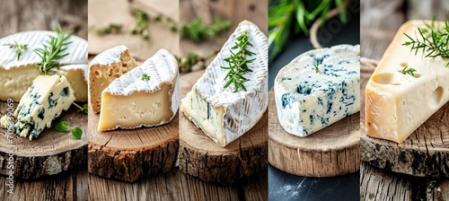 Assorted cheese products collage with segmented white lines and bright lighting arrangement