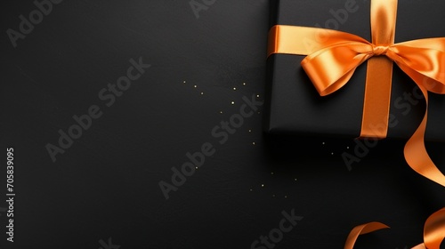 Elegant Top View Photo of Black Giftbox with Orange Satin Ribbon, Perfect for Luxury Holiday Occasions and Special Events - Classy Present Wrapping Concept.