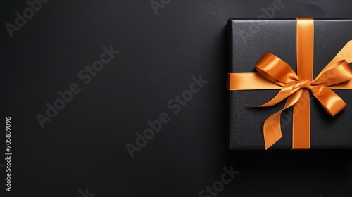 Elegant Top View Photo of Black Giftbox with Orange Satin Ribbon, Perfect for Luxury Holiday Occasions and Special Events - Classy Present Wrapping Concept.