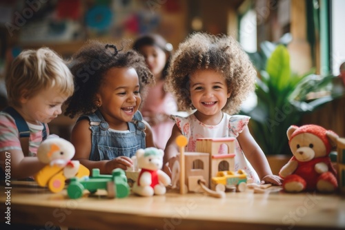 Group of happy toddlers playing in kindergarten photo