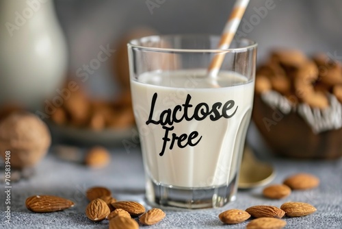 Glass Of Almond Milk Labeled Text Lactose Free photo