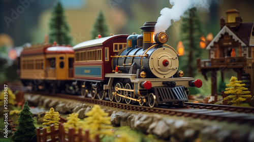 A  photograph capturing a classic wooden toy train set in action, as it winds through a miniature, magical world, showcasing the charm of traditional toys and the joy of creating miniature realms.