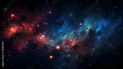 a colorful background of beautiful stars in a space, in the style of light red and dark cyan, dark indigo and sky-blue, atmospheric serenity, meticulously detailed, contrast of scale