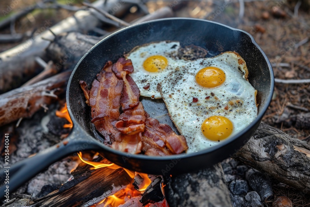 Delicious Forest Skillet: Camping Breakfast With Bacon And Eggs Delicious Forest Skillet: Camping Breakfast With Bacon And Eggs