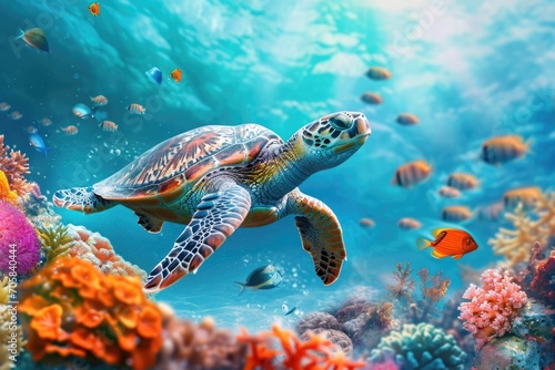 Colorful Underwater Scene With Sea Turtle And Fish © Anastasiia