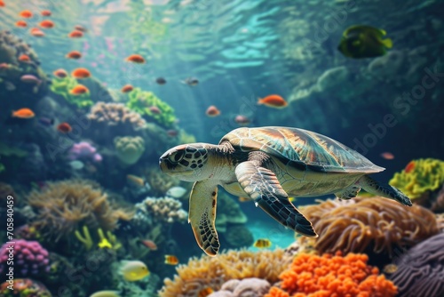 Vibrant Underwater Scene Featuring A Sea Turtle And Colorful Fish