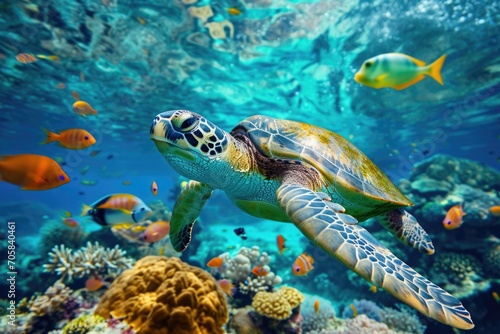 Vibrant Underwater Vistas  Delightful Encounter With A Sea Turtle And Fish