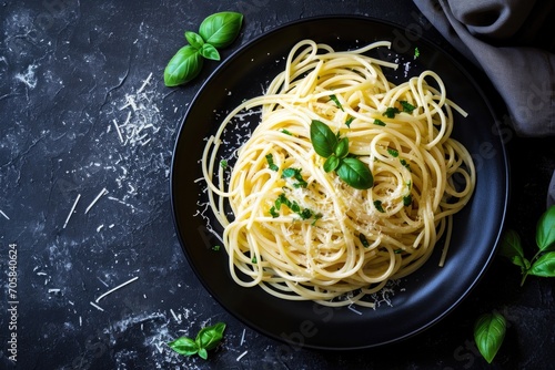 Dark Plate Of Italian Spaghetti On Dark Surface