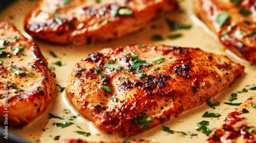 Chicken breast cutlets with sun-dried tomato cream sauce.