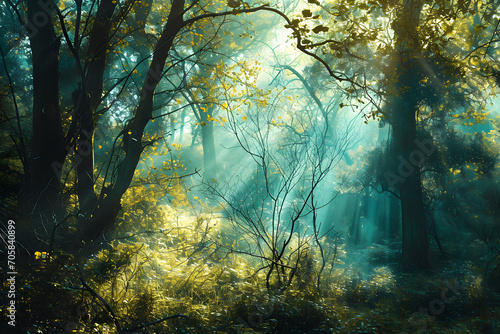 A mystical forest with light refracting through the trees