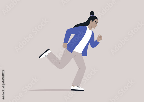 A young figure sprinting away, swift and determined, fleeing from an unseen force with rapid strides