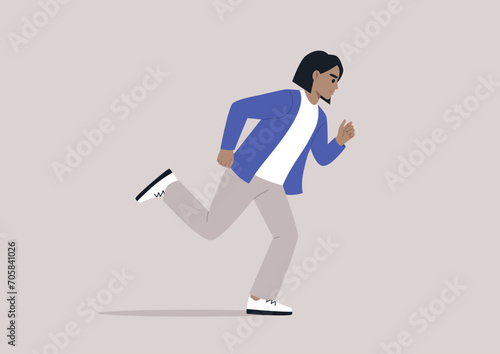 A young figure sprinting away, swift and determined, fleeing from an unseen force with rapid strides