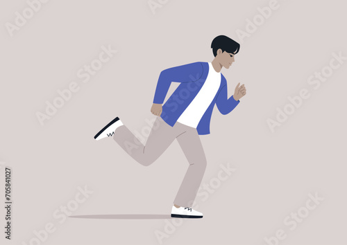 A young figure sprinting away, swift and determined, fleeing from an unseen force with rapid strides