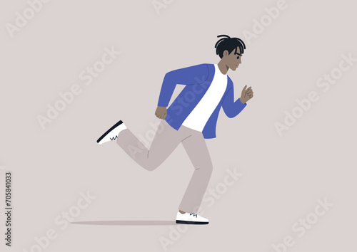 A young figure sprinting away, swift and determined, fleeing from an unseen force with rapid strides