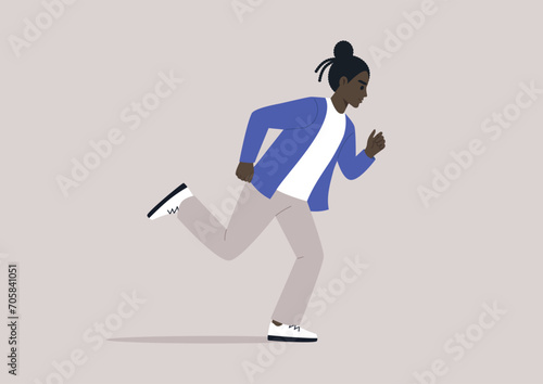 A young figure sprinting away, swift and determined, fleeing from an unseen force with rapid strides