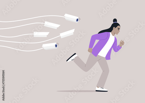 A young character darting through the urban landscape, pursued by the invasive gaze of omnipresent CCTV cameras, a chilling reminder of the encroachment upon privacy in our modern society