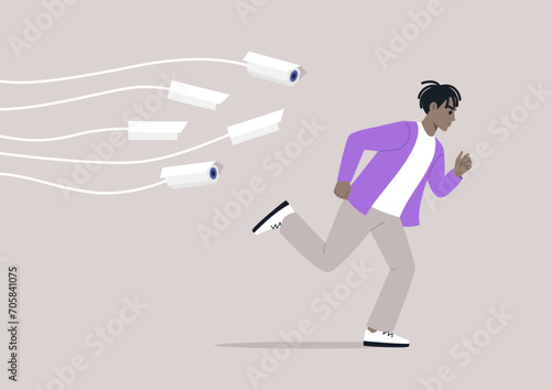A young character darting through the urban landscape, pursued by the invasive gaze of omnipresent CCTV cameras, a chilling reminder of the encroachment upon privacy in our modern society