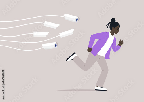 A young character darting through the urban landscape, pursued by the invasive gaze of omnipresent CCTV cameras, a chilling reminder of the encroachment upon privacy in our modern society