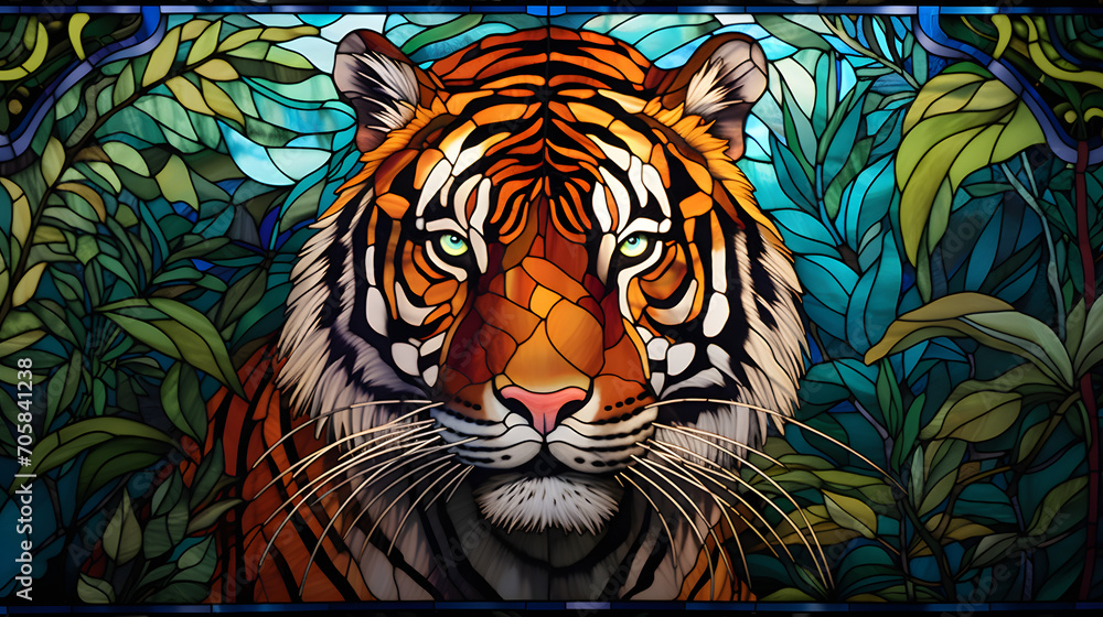 Church window mosaic of a tiger