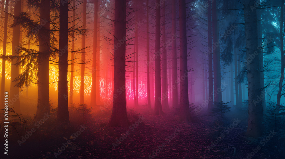 A mystical forest, with pastel fog and neon-light shapes among the trees, during a serene morning, capturing Psychic Waves’ theme of deeper meaning and bold journeys A mystical forest, with pastel fog and neon-light shapes among the trees, during a serene morning, capturing Psychic Waves’ theme of deeper meaning and bold journeys