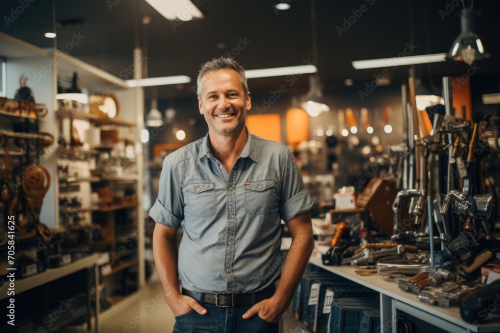 Fototapeta premium Portrait of a middle aged male employee in hardware store
