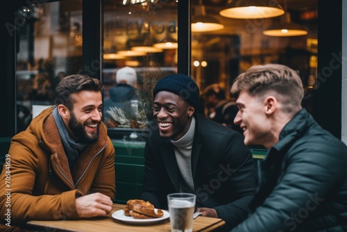Smiling diverse age group of men sitting in cafe