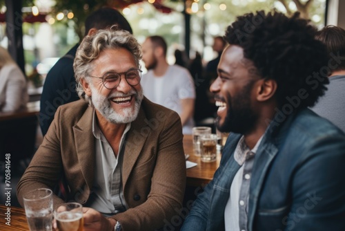 Smiling diverse age group of men sitting in cafe