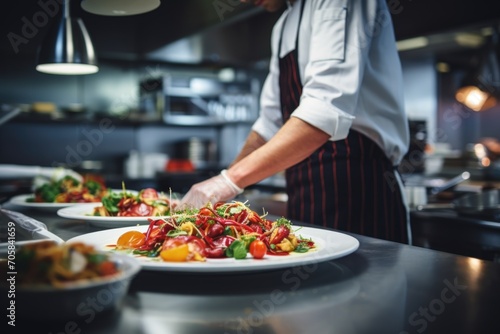 Professional chef preparing meal in high end restaurant kitchen