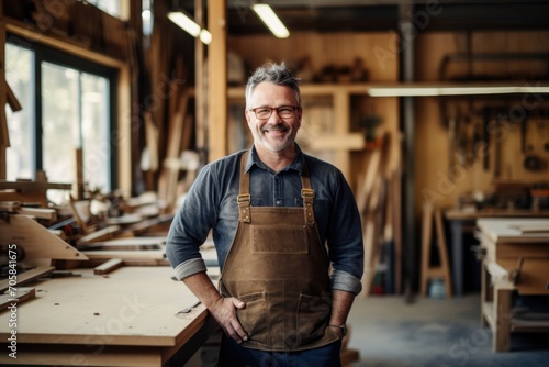 Portrait of a mature man in a carpentry shop