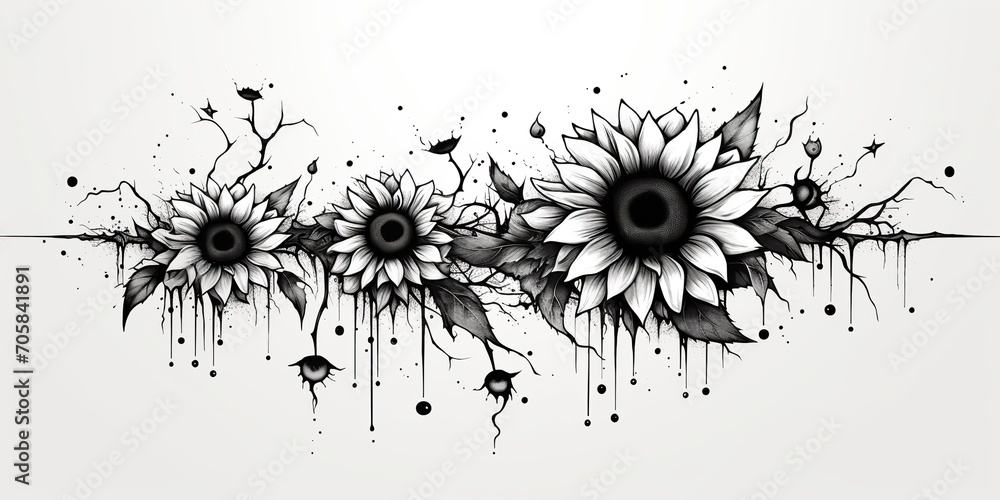 AI Generated. AI Generative. Wild nature botanical blossom flowers cunflowers black and white tattoo style. Graphic Art AI Generated. AI Generative. Wild nature botanical blossom flowers cunflowers black and white tattoo style. Graphic Art