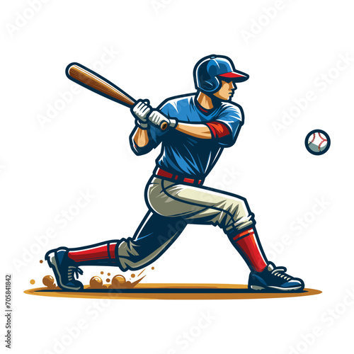 Baseball softball player in action vector illustration, hitter swinging with bat design template isolated on white background