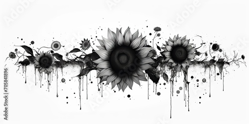 AI Generated. AI Generative. Wild nature botanical blossom flowers cunflowers black and white tattoo style. Graphic Art