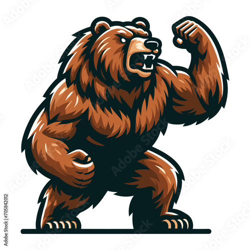 Strong body muscle wild beast grizzly bear mascot design vector illustration, logo template isolated on white background