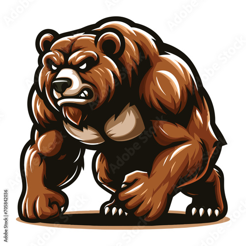 Strong body muscle wild beast grizzly bear mascot design vector illustration, logo template isolated on white background