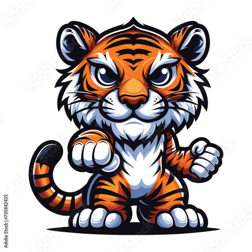 cute funny cartoon tiger posing karate mascot character design vector, logo template isolated on white background