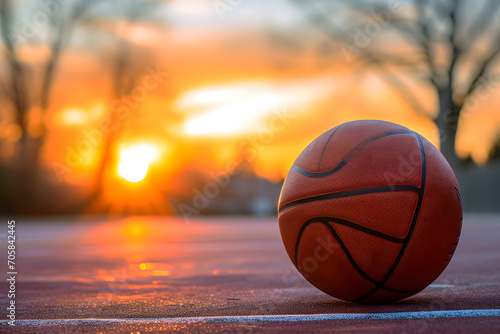 Basketballzauber am Boden: Ein Ball ruht auf dem Spielfeld und erwartet den nächsten dynamischen Wurf im Wettkampfgeschehen photo