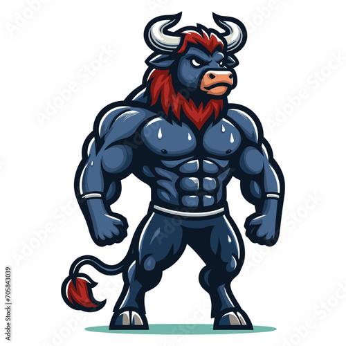 Strong athletic body muscle bull mascot design vector illustration, logo template isolated on white background © lartestudio
