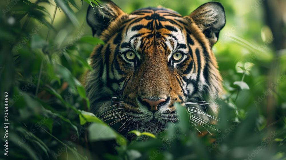Fototapeta premium Portrait of a Bengal Tiger Amidst Foliage