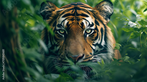 Portrait of a Bengal Tiger Amidst Foliage