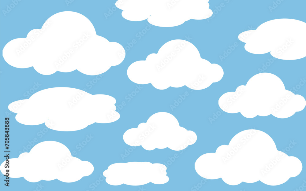 Cartoon flat set of white clouds isolated on blue background. Abstract element concept. Vector illustration