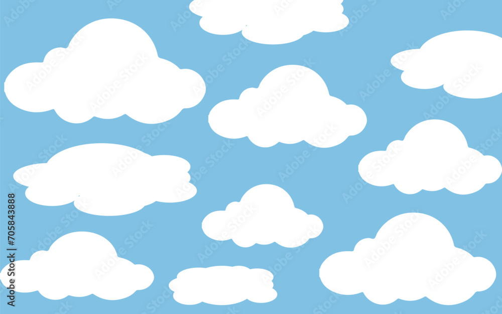 Cartoon flat set of white clouds isolated on blue background. Abstract element concept. Vector illustration Cartoon flat set of white clouds isolated on blue background. Abstract element concept. Vector illustration