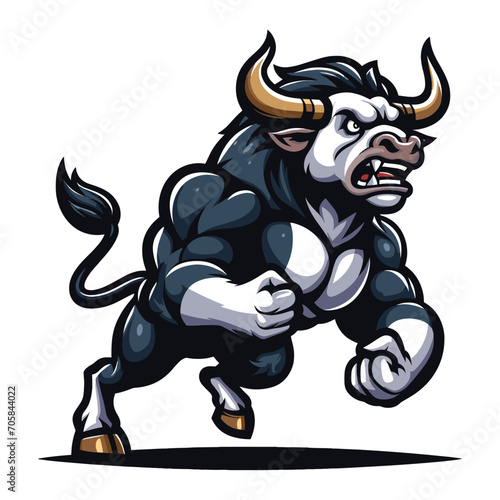 Strong athletic body muscle bull mascot design vector illustration, logo template isolated on white background