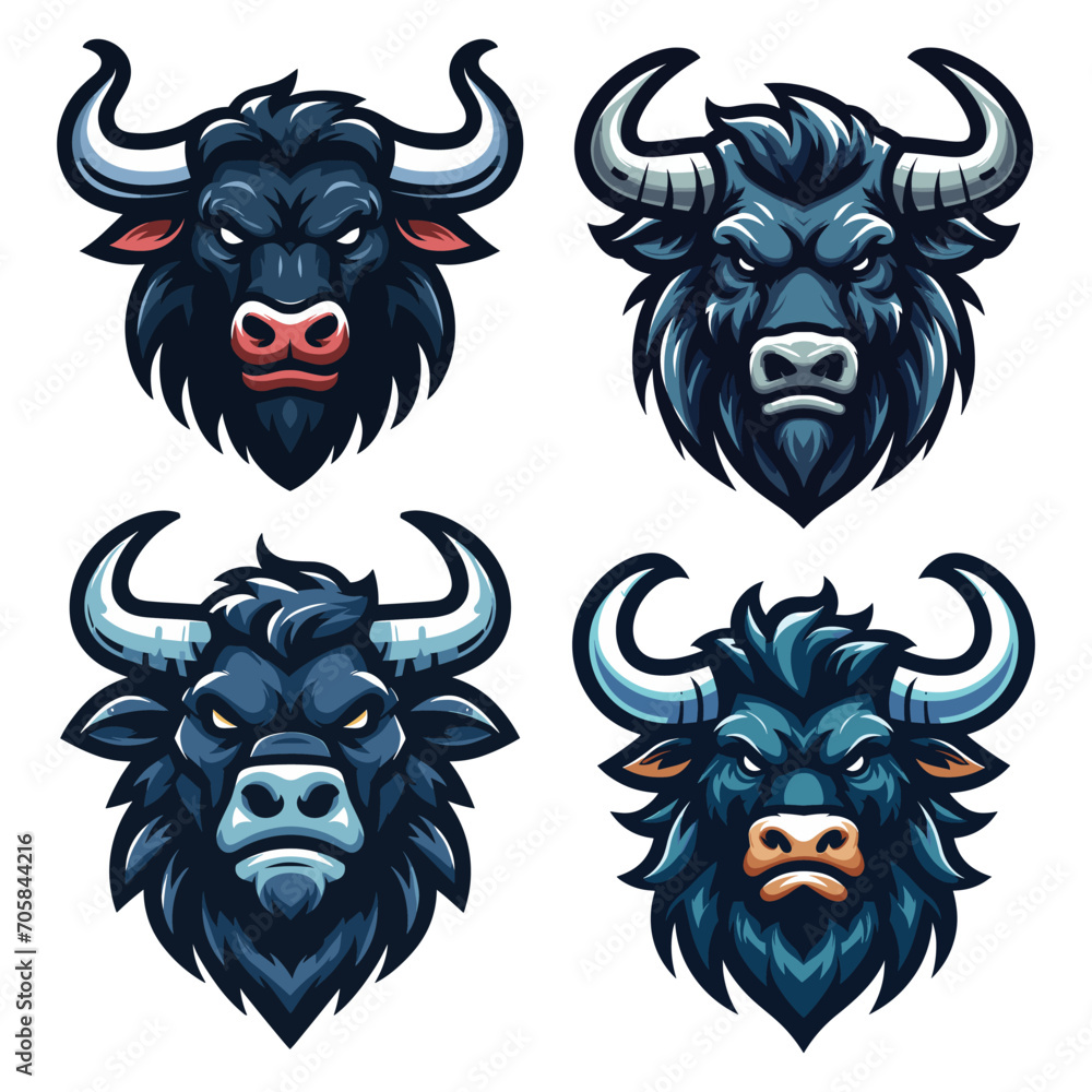 Naklejka premium set of wild strong animal bull head face mascot design vector illustration, logo template isolated on white background