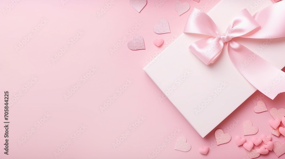 Elegant Small White Giftbox with Pink Bow, Perfect for Birthday and Anniversary Celebrations – Top View Minimalistic Present Wrapping for Special Occasions and Joyous Moments.