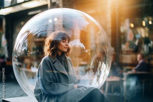 Woman inside a big soap bubble, introvert, loner, living in solitude, recluse. Mental health, psychology concept, inner world, shyness, hiding identity, dreaming, antisocial, alone, avoiding people