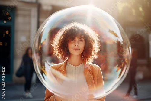 Woman inside a big soap bubble, introvert, loner, living in solitude, recluse. Mental health, psychology concept, inner world, shyness, hiding identity, dreaming, antisocial, alone, avoiding people photo