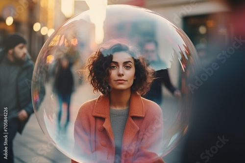 Woman inside a big soap bubble, introvert, loner, living in solitude, recluse. Mental health, psychology concept, inner world, shyness, hiding identity, dreaming, antisocial, alone, avoiding people photo