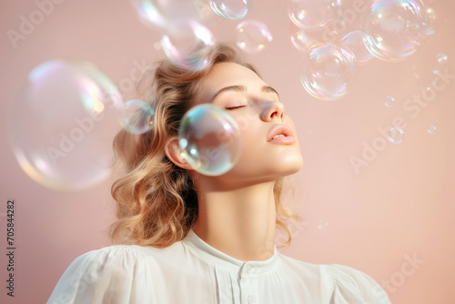 Beautiful young woman surrounded by soap bubbles. Concept of dreaming, thinking, worries and problems, lightheartedness. Mental health, psychology, inner world, shyness, alone