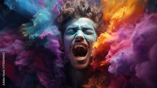 portrait of a screaming guy in a flash of colored powder, Holi Festival, banner, poster