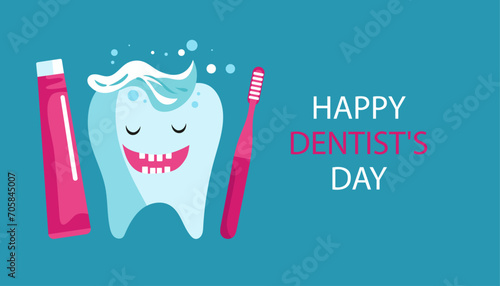 International Day of dentist. Cartoon tooth with toothpaste and brush